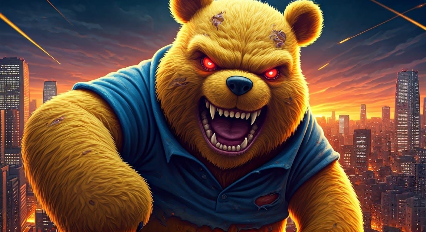 Giant Kaiju Winnie The Pooh! Attacking Tokyo, big teeth glowing red eyes, yellow fur and a blue polo shirt
