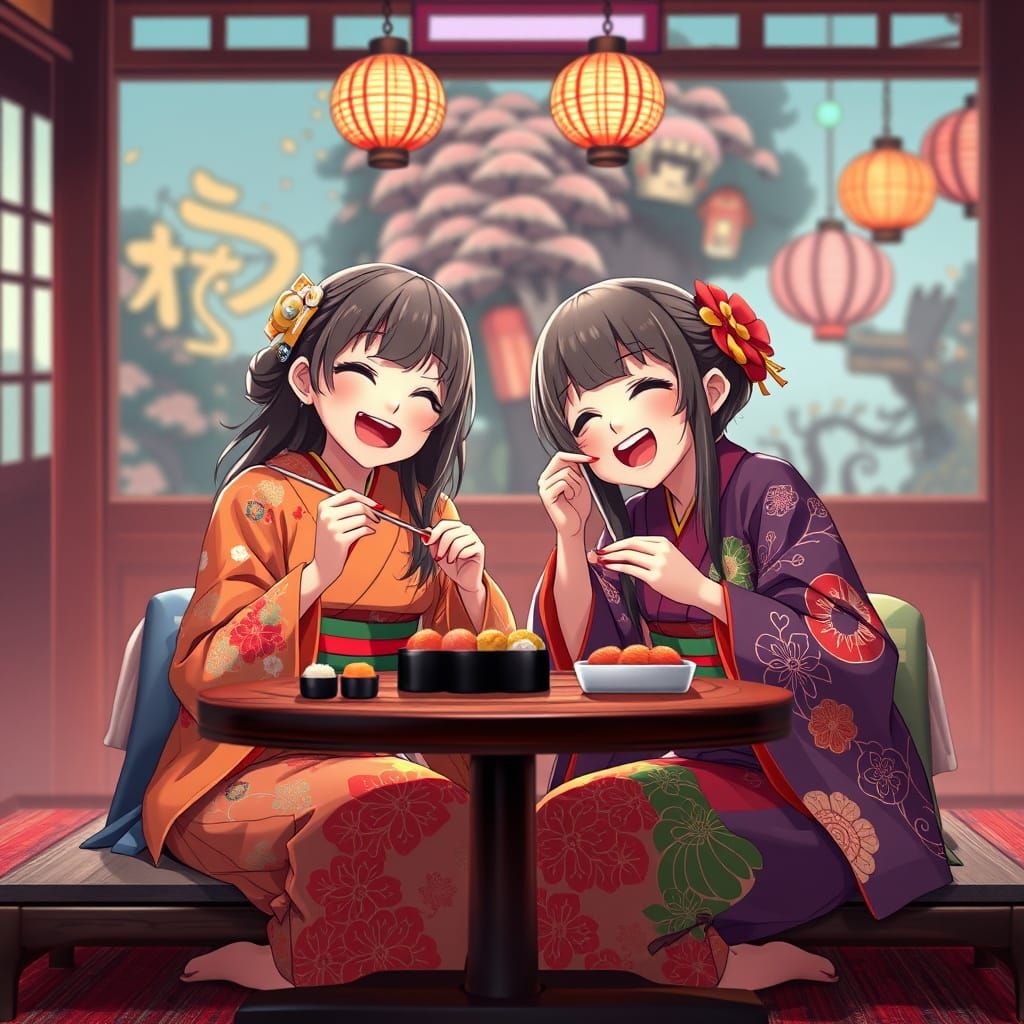 Vibrant Kimono-clad Girlfriends Savor Sushi in Japanese Rest...