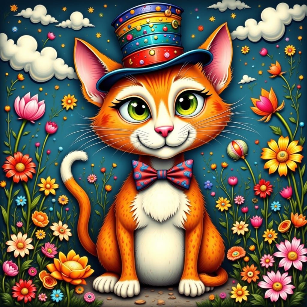 Whimsical Cat Caricature in Dreamlike Colors