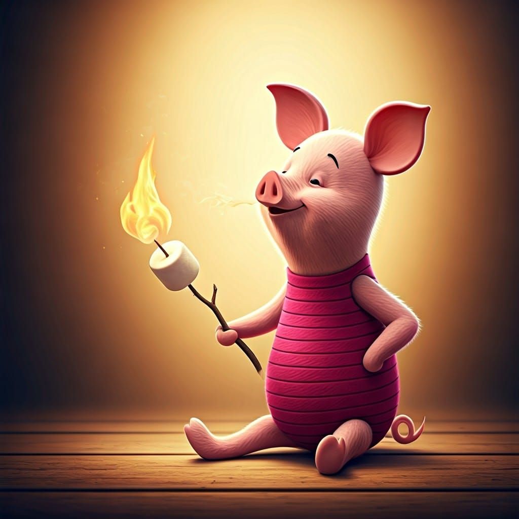 Piglet Roasting Marshmallow with Fire, 3D Render