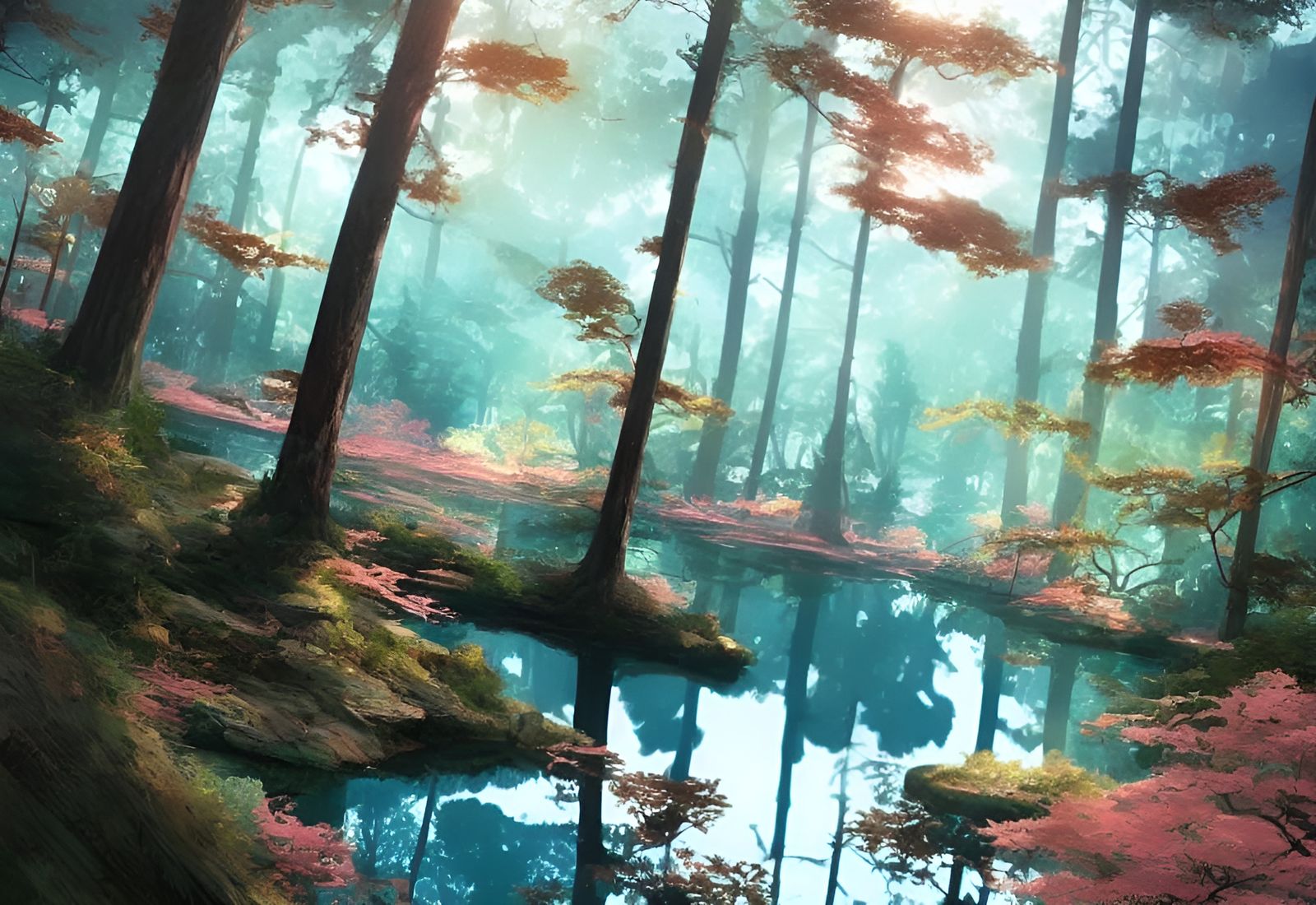 Forest Lake Digital Illustration in Vibrant Colors
