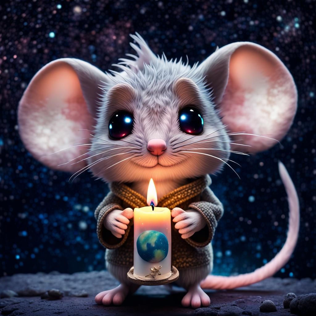 Chibi Mouse with Candle in Starry Night Sky