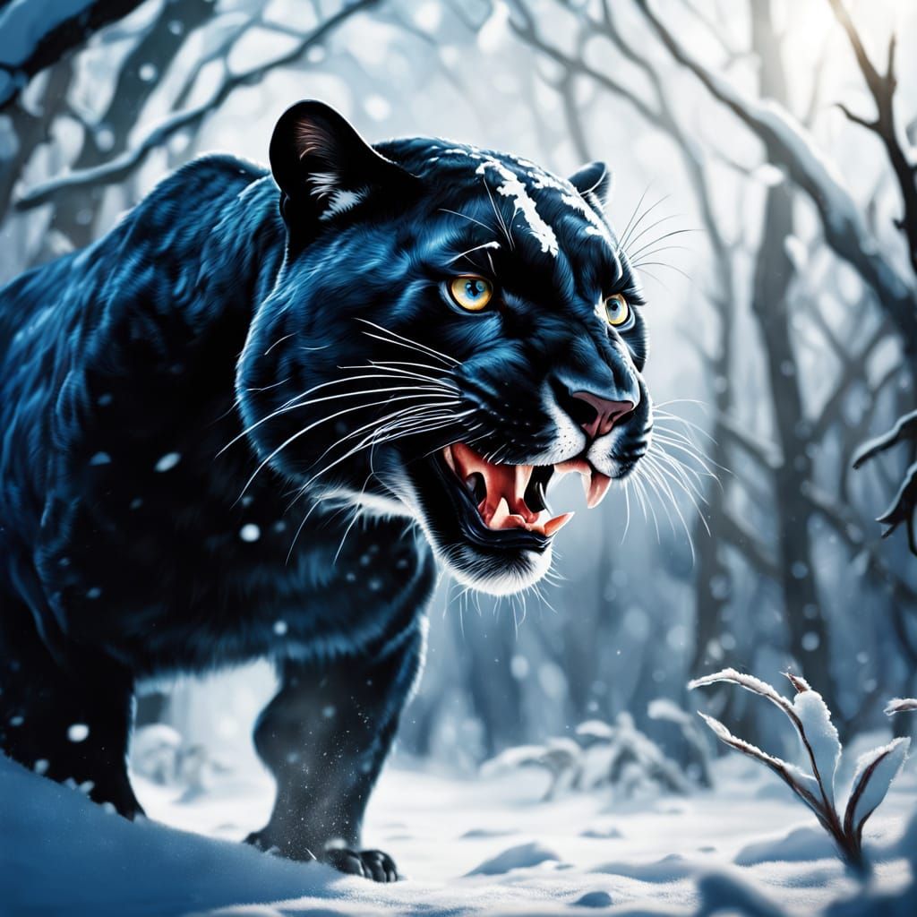 Une panthère, qui chasse dans la neige.