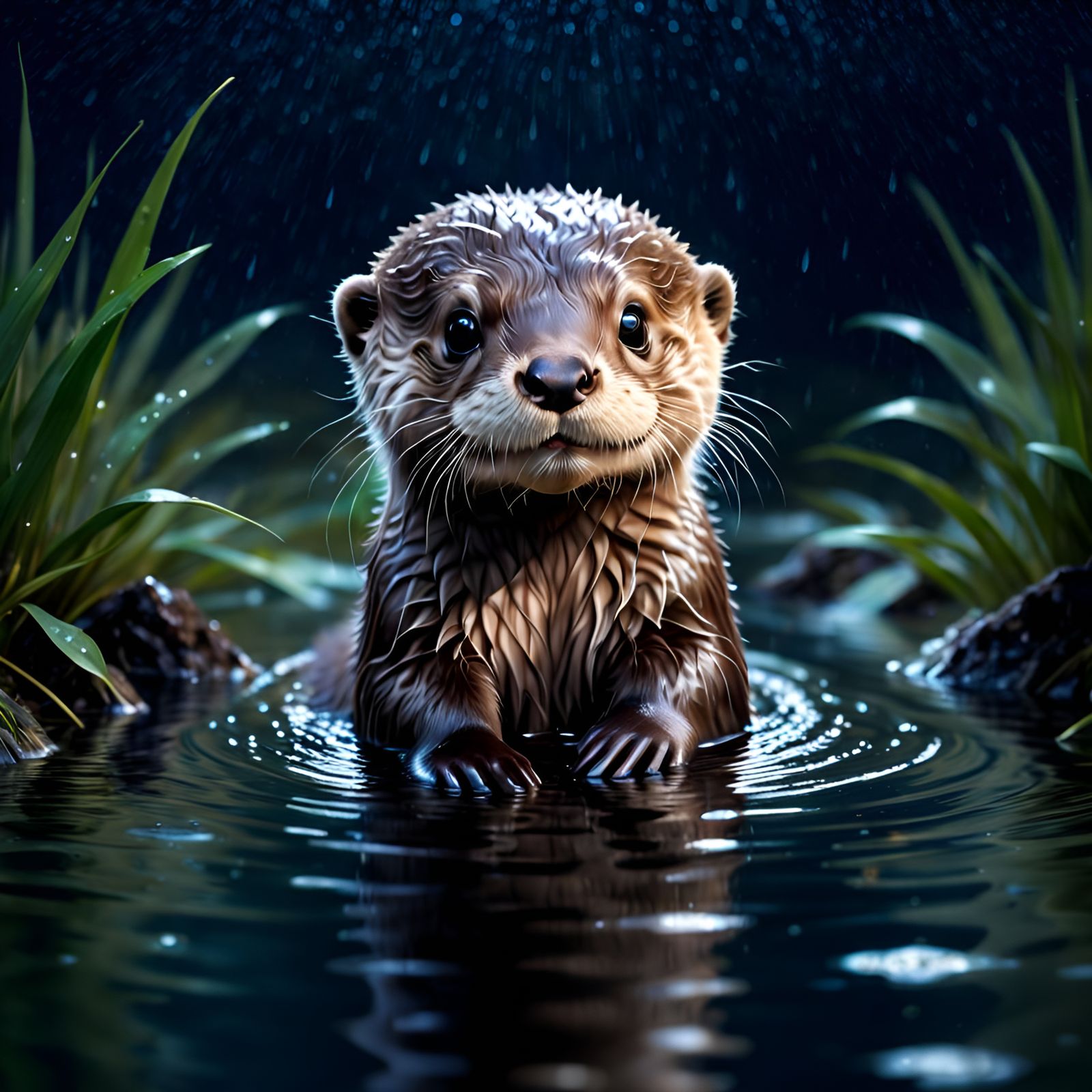Cute Otter Cub Swimming in Mountain Lake