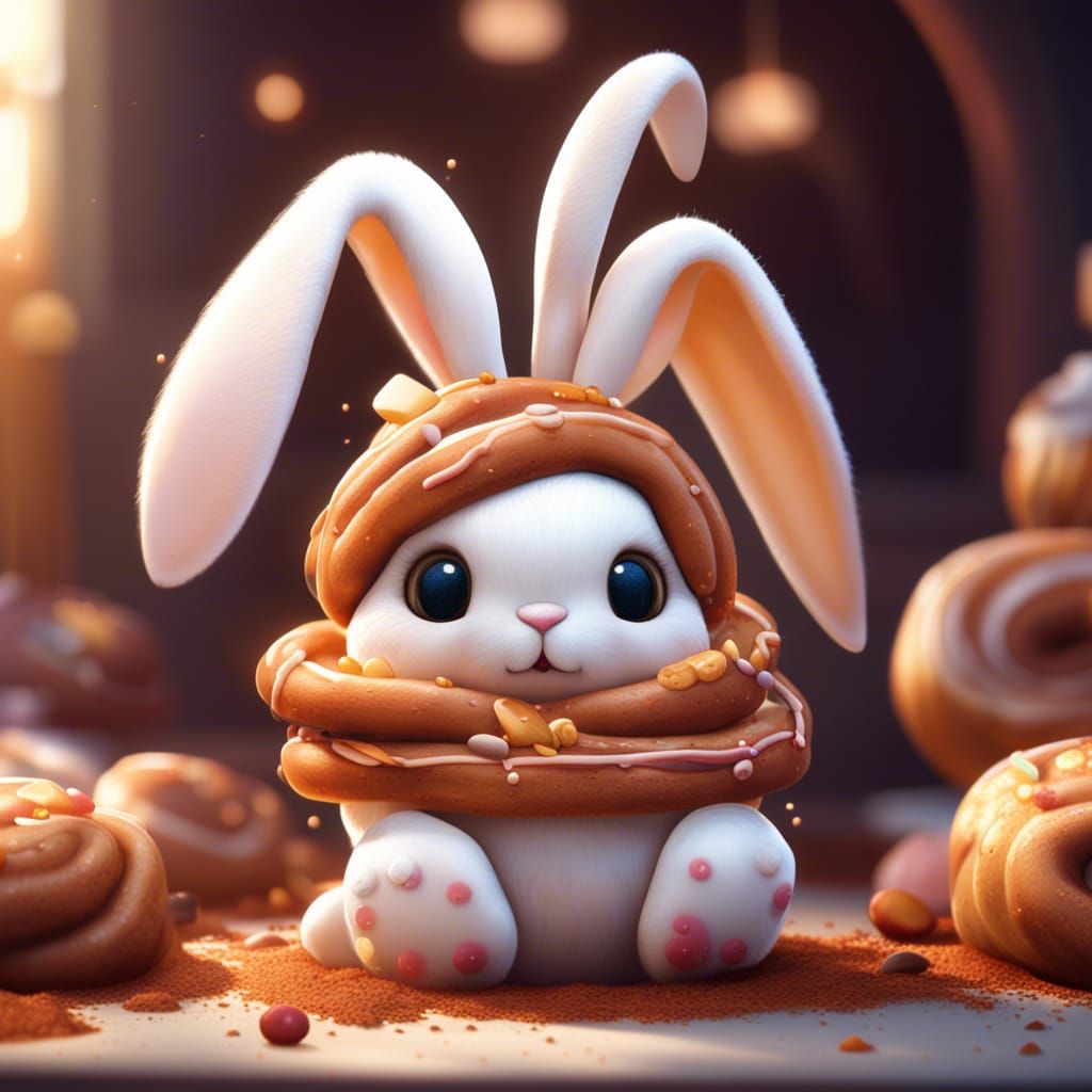 Cute Stuffed Cinnamon Roll Bunny in Detailed Painting
