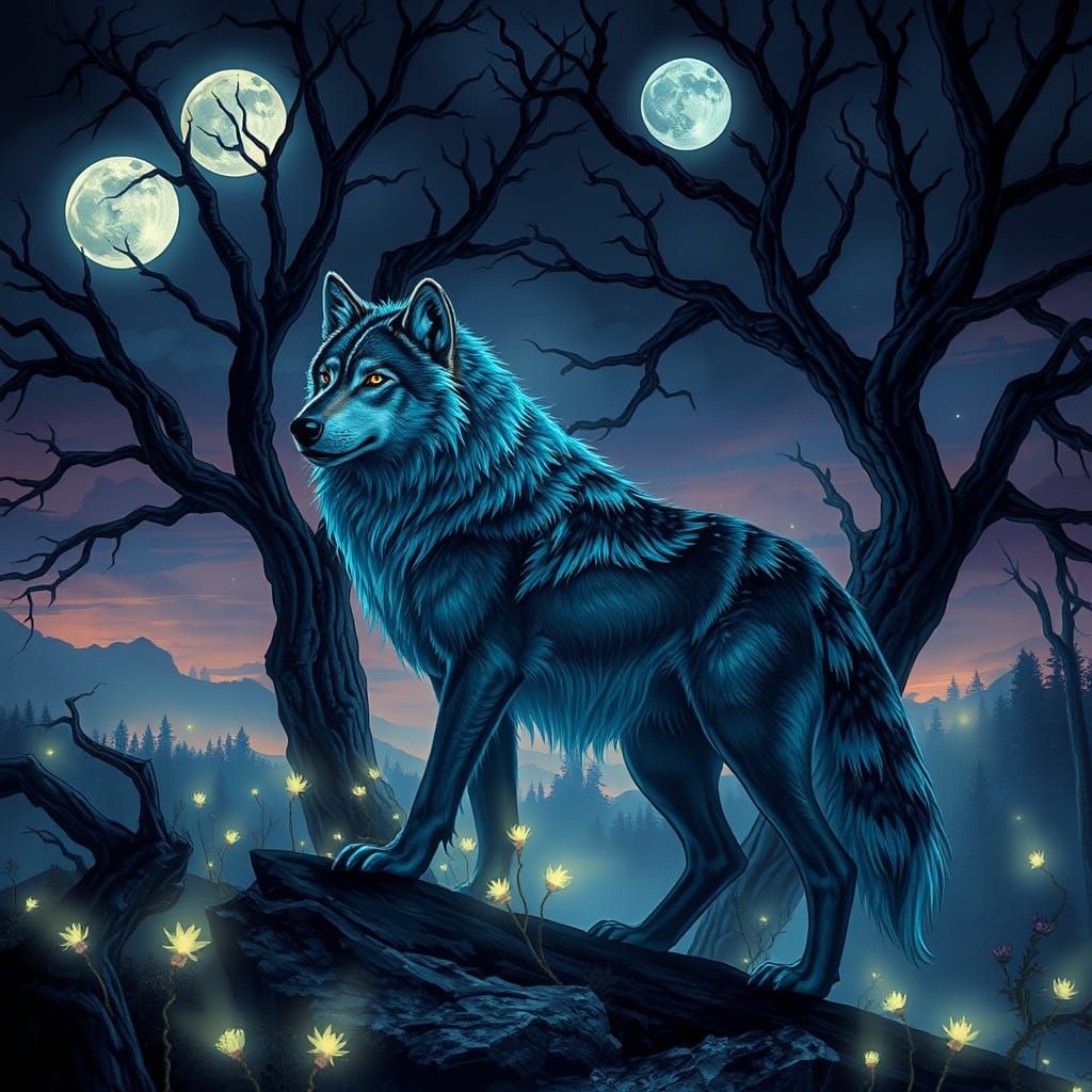 Bioluminescent Wolf in Ancient Forest Under Two Moons