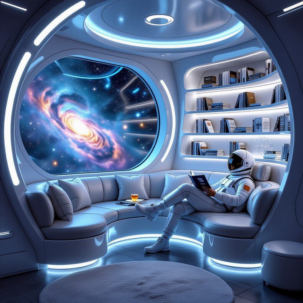 Cozy Spacecraft Reading Nook with Nebula Views
