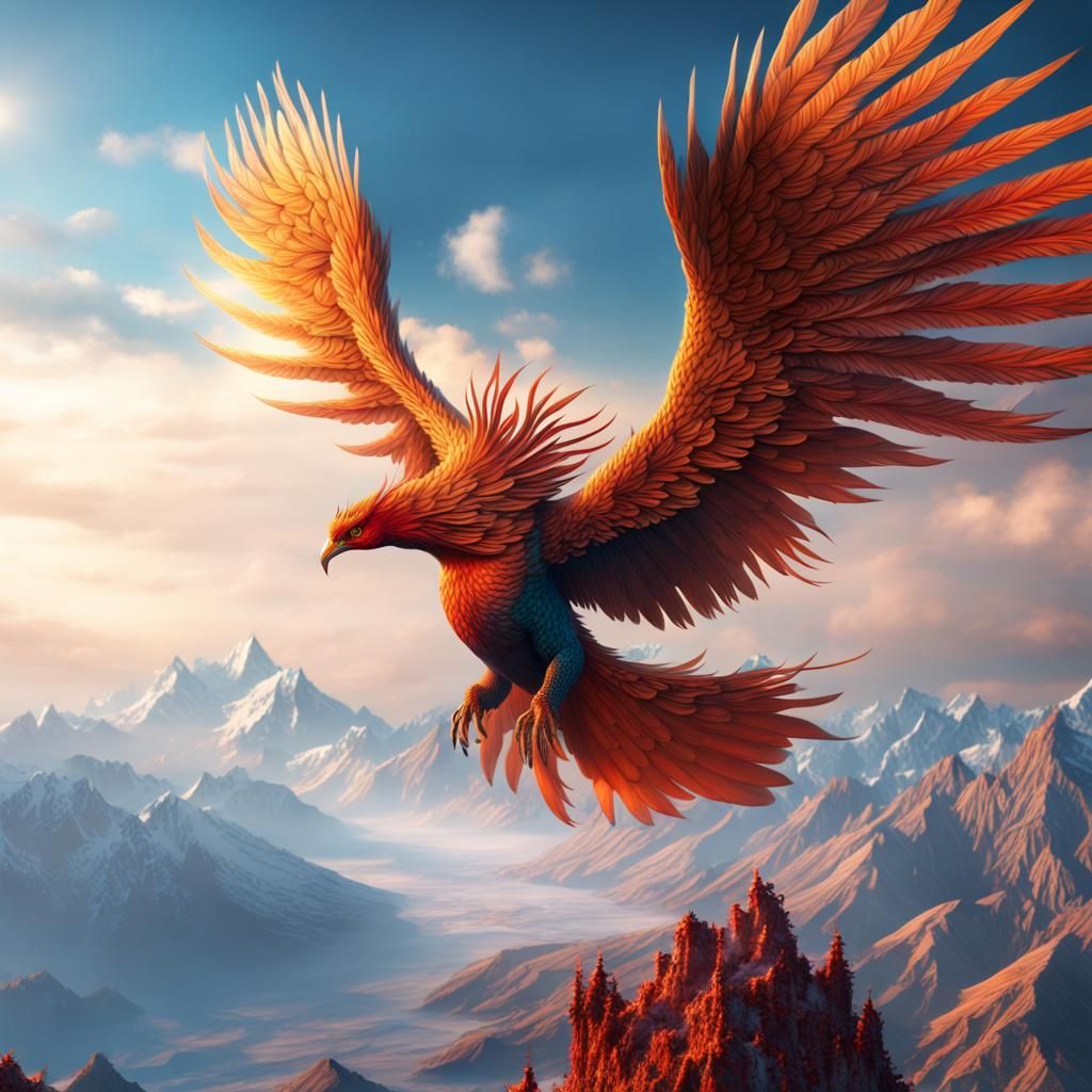 Phoenix Bird Soaring Over Himalayas: Fantasy Concept Art