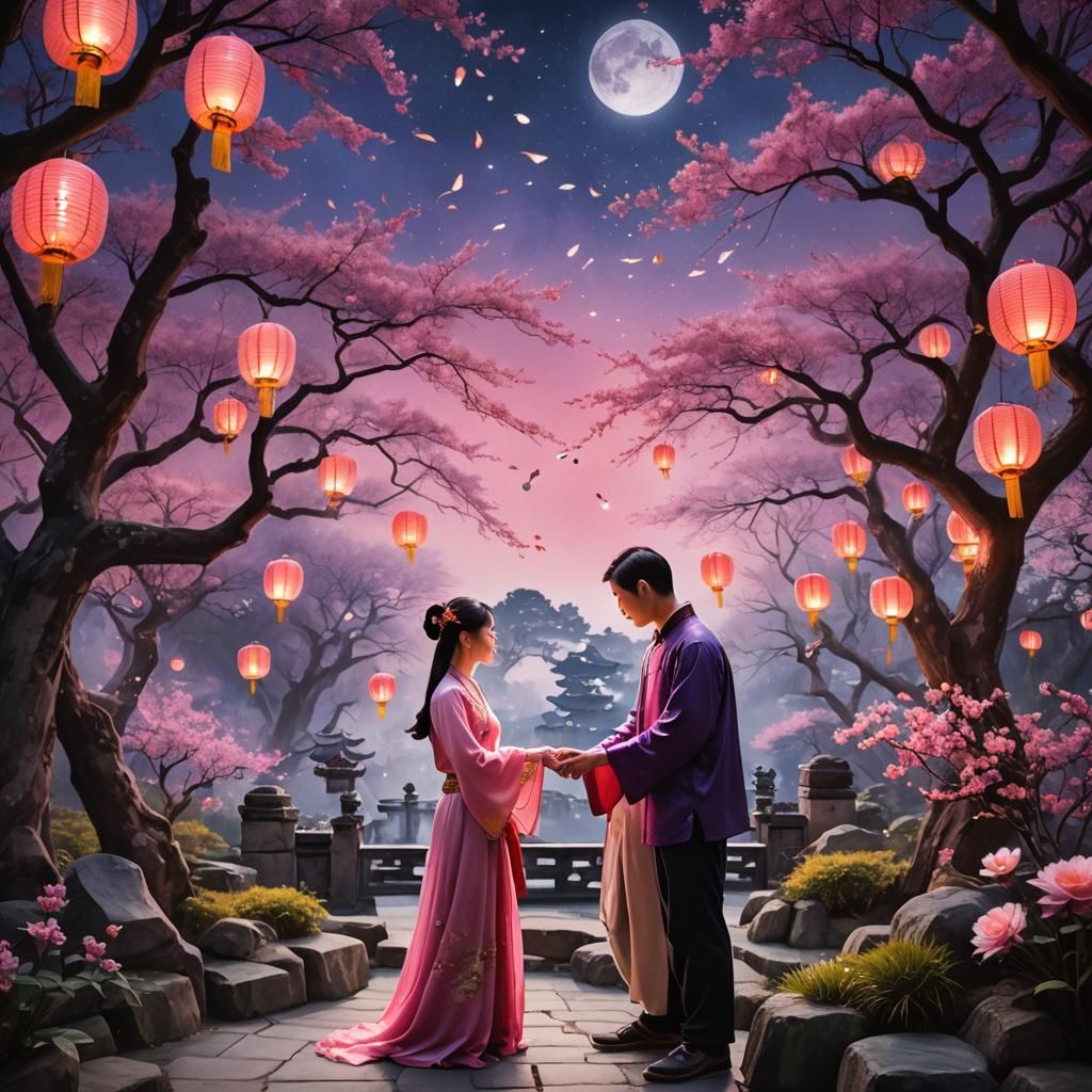 Romantic Qixi Festival Scene in Ancient Chinese Garden