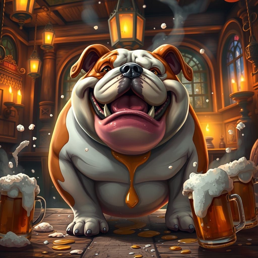 Vibrant Tavern Scene with a Jovial Bulldog in a Spirited Bee...