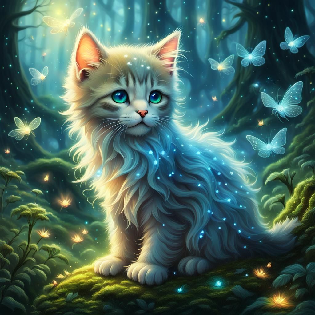Kitten in Mystical Forest with Fireflies