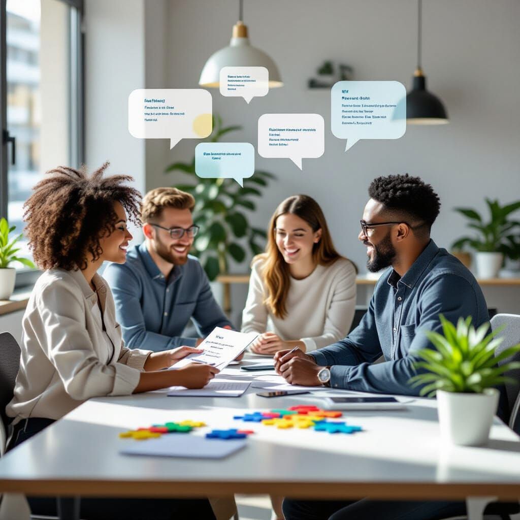 Sunlit Office: Diverse Team Discussing Growth and Teamwork