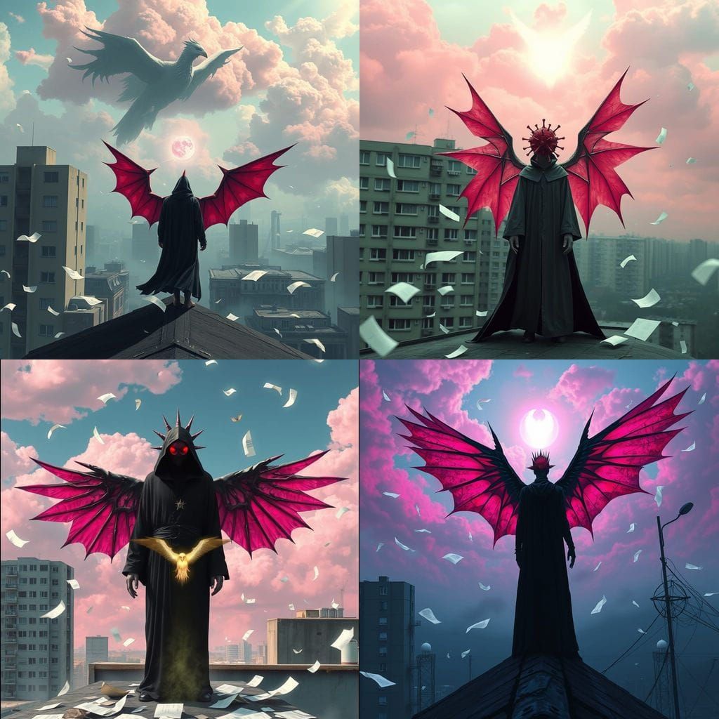 Surreal Rooftop Figure with Wings and Glowing Bird