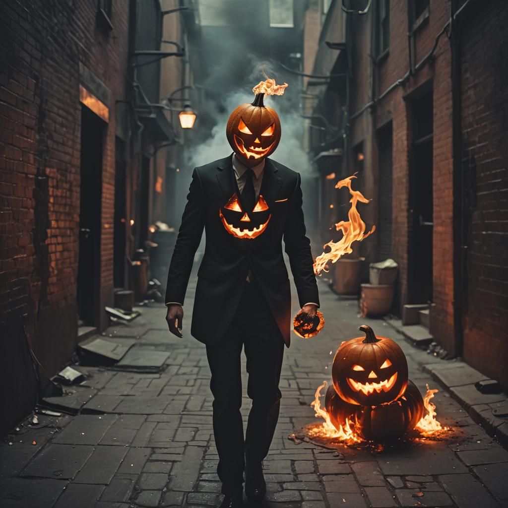 Flaming Pumpkin-Headed Man in Smoky Alley