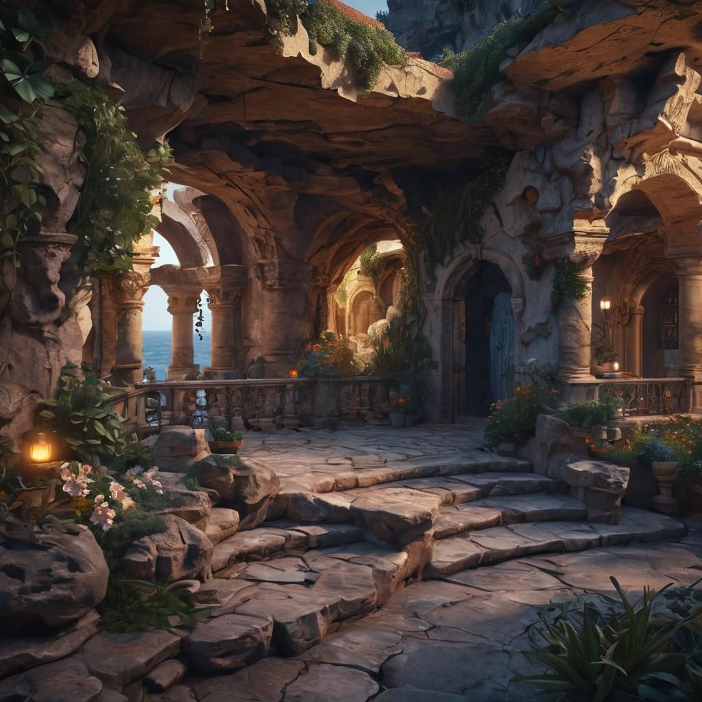 Roman Garden Courtyard Overlooking Ocean, Fantasy Digital Ar...