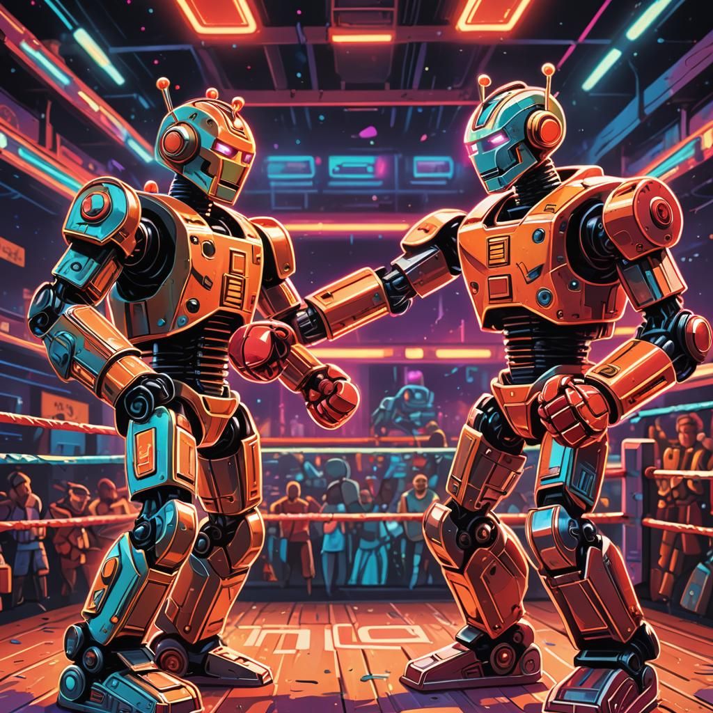 Retro Toy Robots Boxing in Neon Ring