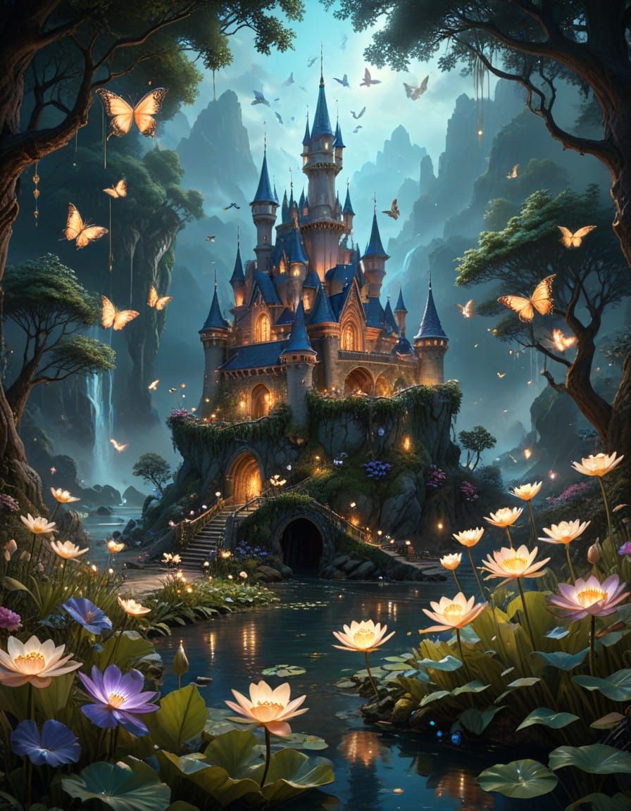 Enchanted Labyrinthine Castle with Vibrant Lotuses and Jewel...