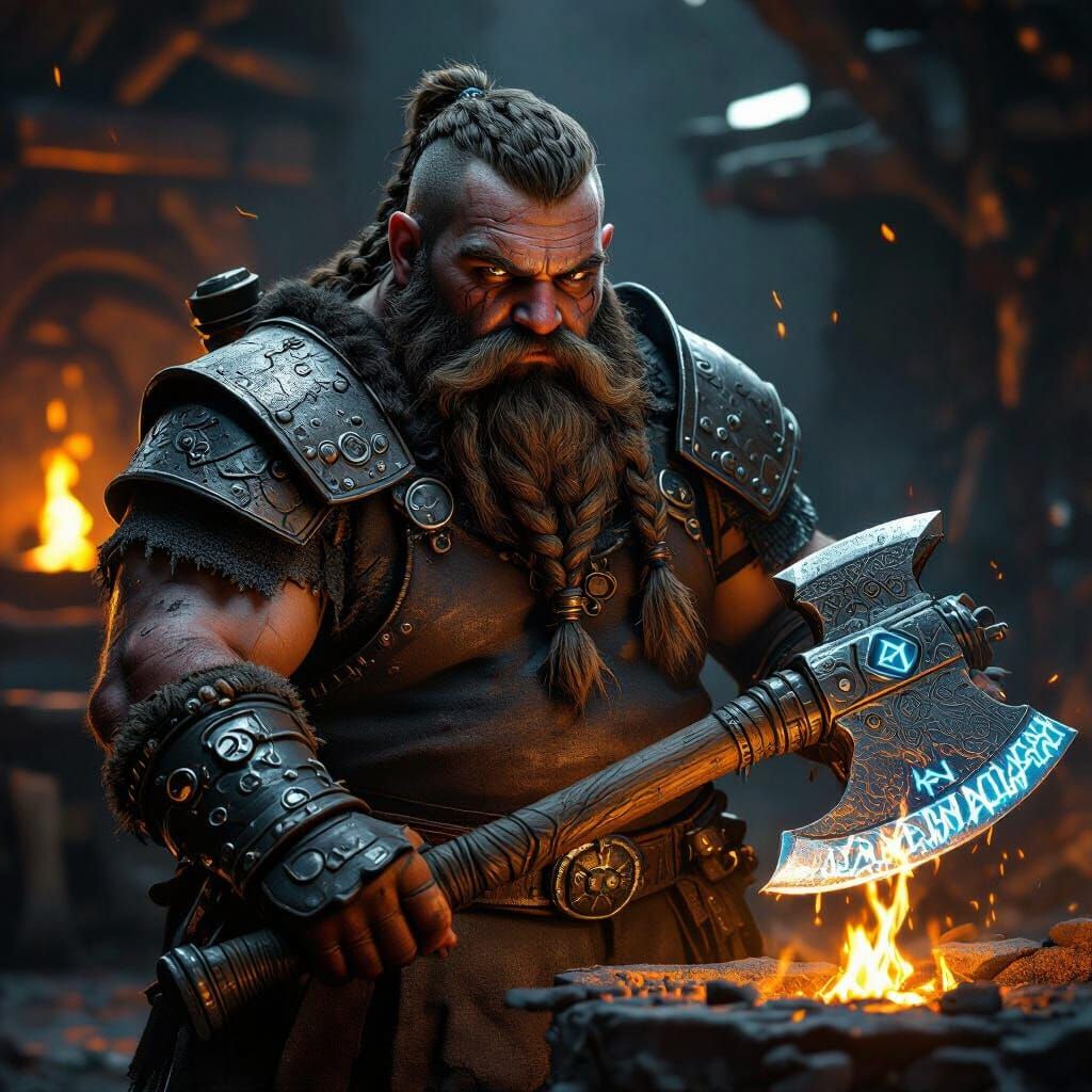Dwarf Blacksmith in Forge with Runic Axe