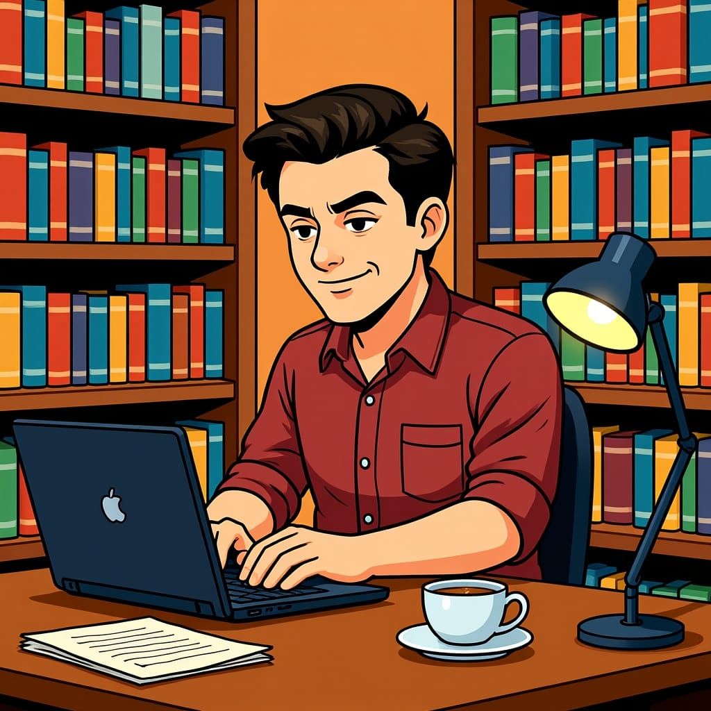Hispanic Man Typing on Laptop in Archie Comics Style