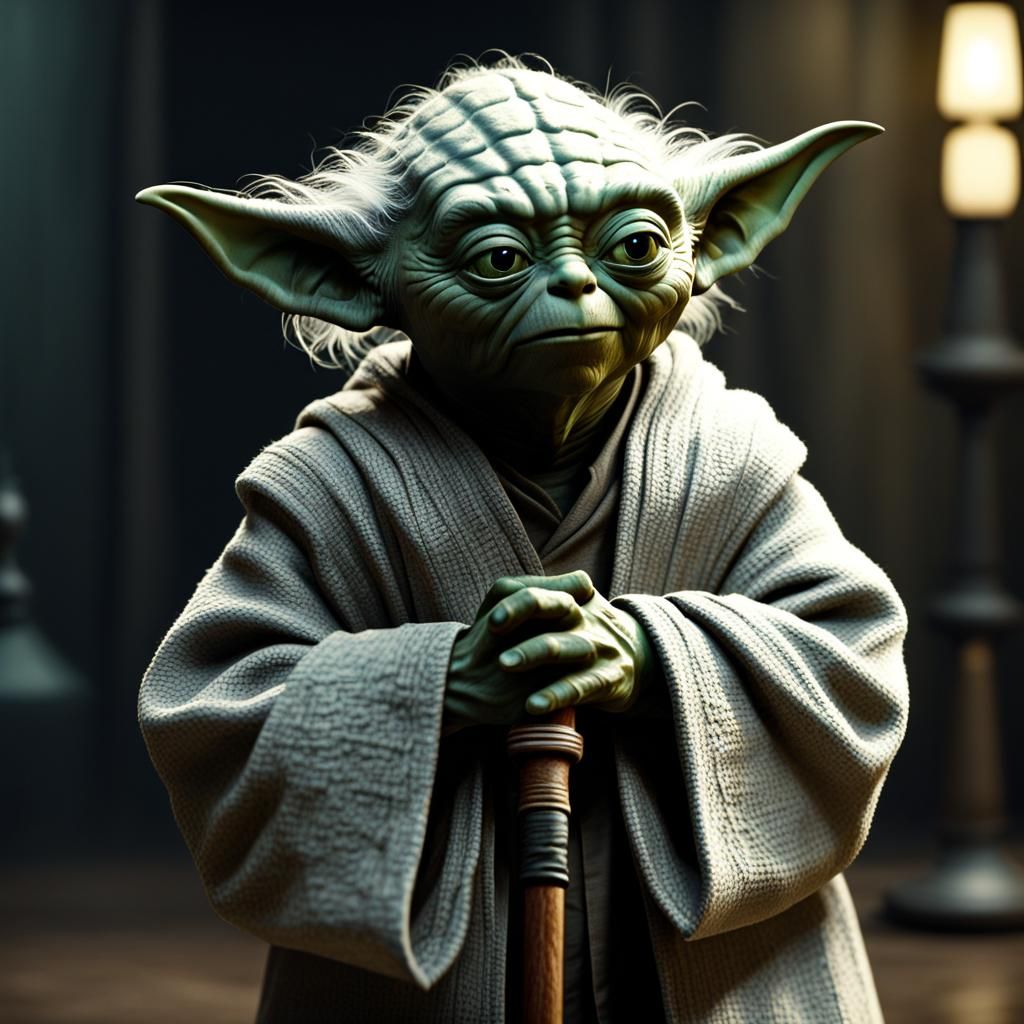 Detailed 4K Rendering of Master Yoda with Cane