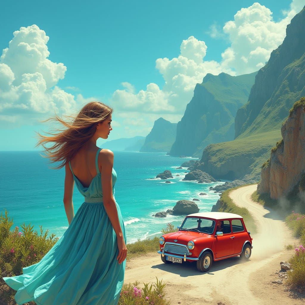 Cherry Red Austin Mini Speeds Along Seaside Cliffs