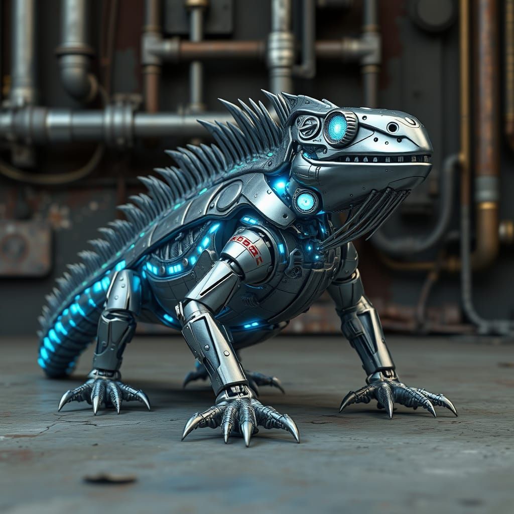 Futuristic Metallic Iguana Robot in Cyberpunk Style