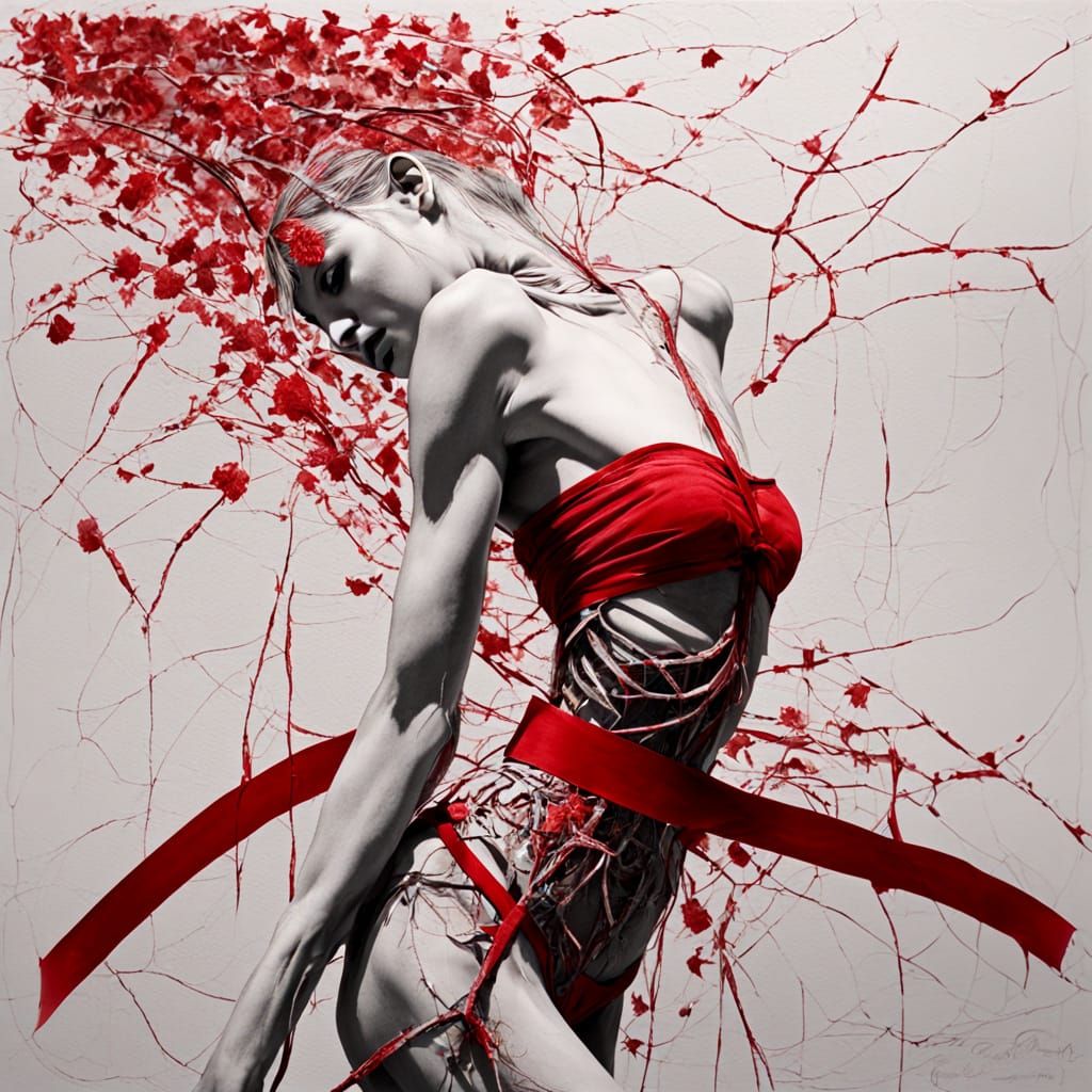 Abstract Wall Cracks with Red Ribbon Detail