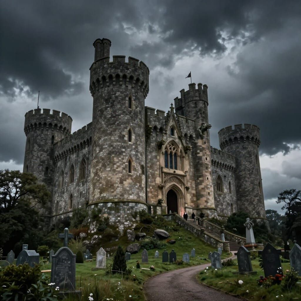 Ancient Castle Under Dark Storm with Gargoyles