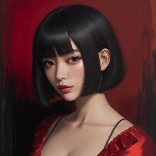 Expressionist Portrait of Girl in Red Dress