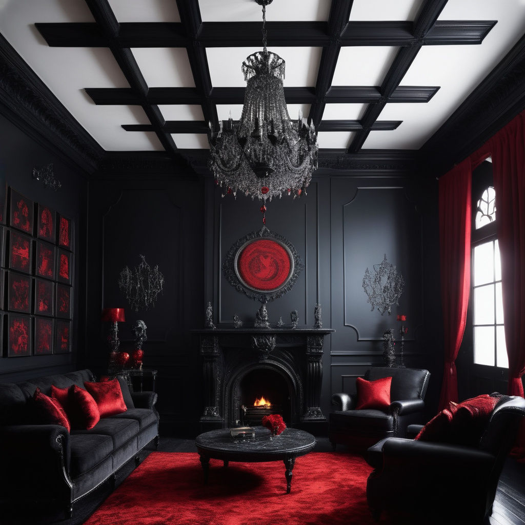 Hecate Black obsidian penthouse with crimson red frames& Silver accents& obsidian black Crystal chandelier& gothic black...