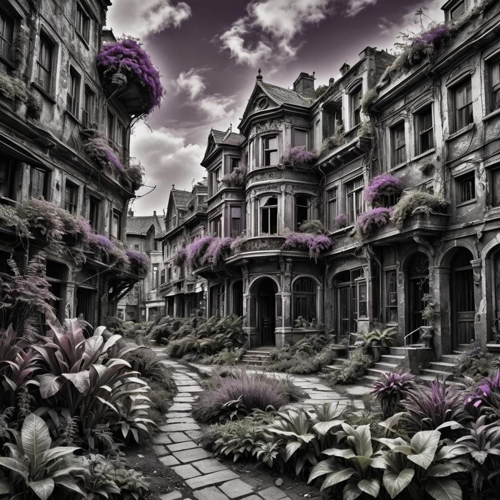 Purple Alien Planet with Rundown Buildings in HDR