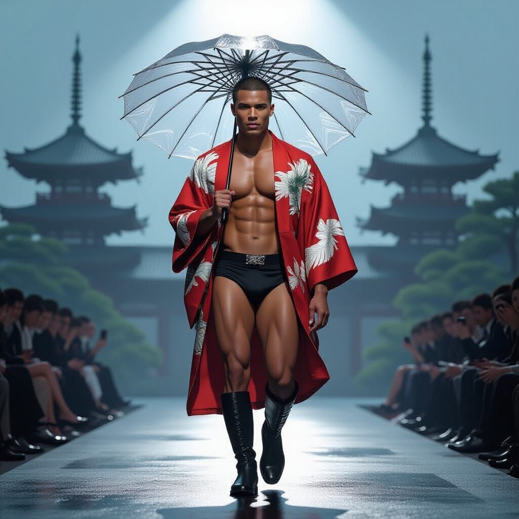 Man in Kimono Walks Runway: Concept Art Style