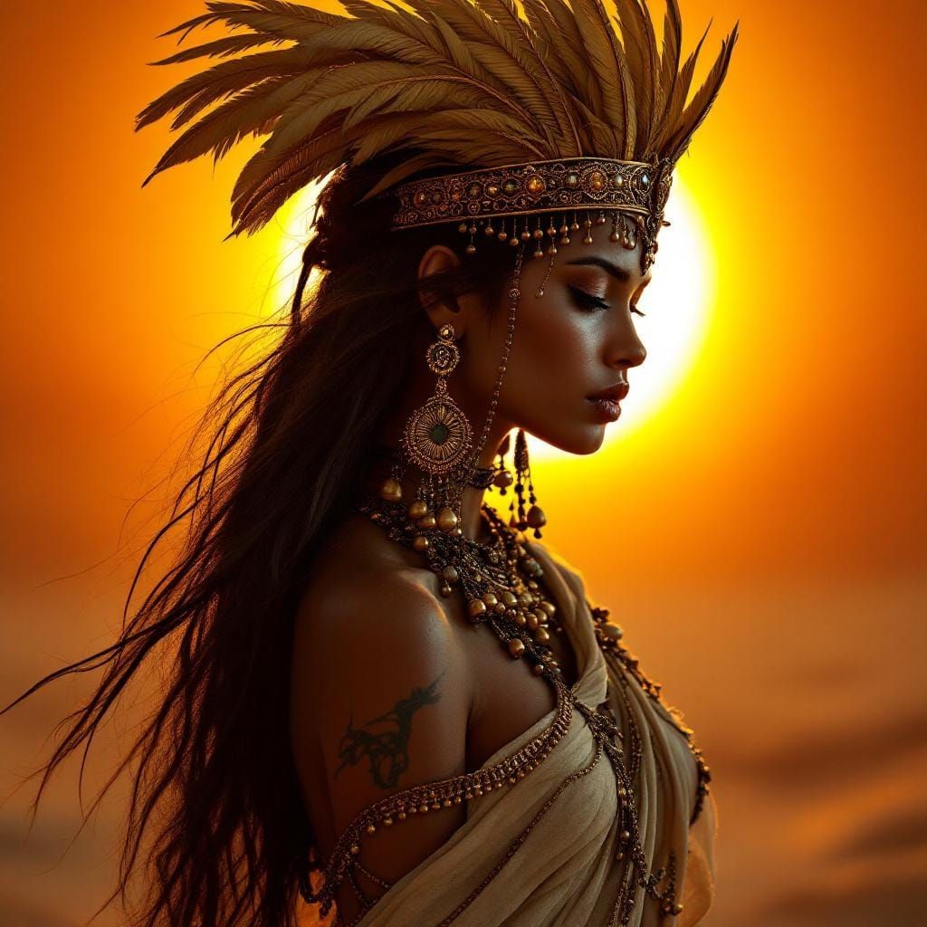 Golden Tribal Princess Silhouette at Sunset