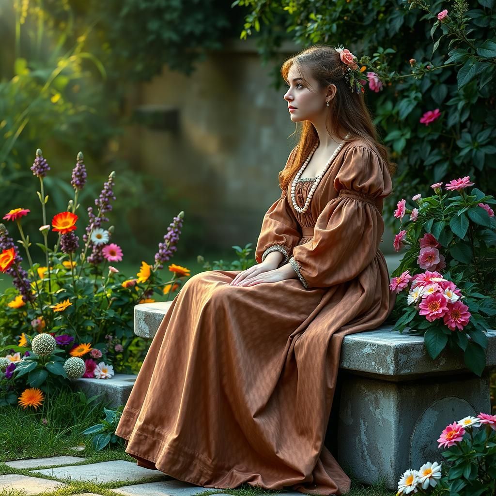 Renaissance Woman in a Lush Dream Garden