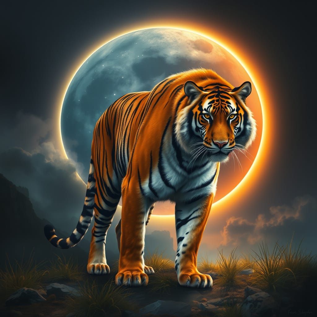 Majestic Tiger Basks in Solar Eclipse Glory