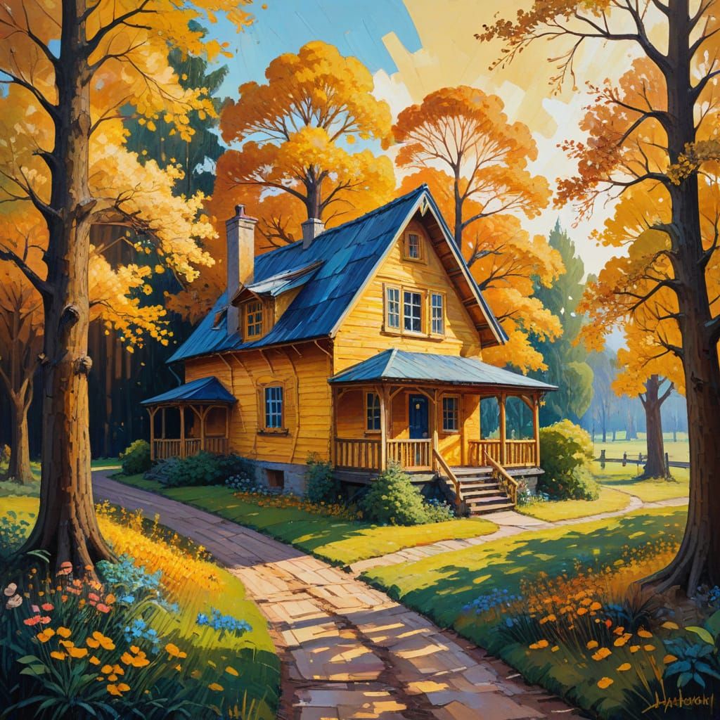 Impressionist Masterpiece: Warm Cottage Amidst Oak Trees in ...