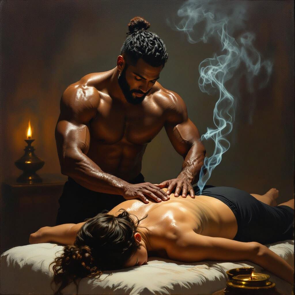 Ayurvedic Massage Scene in Dimly Lit Room, Realistic Oil Pai...