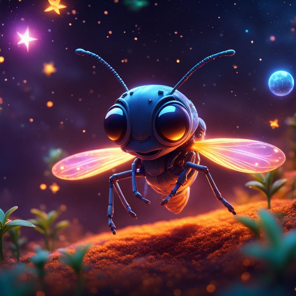 Cute Firefly Lands on Star in Colorful Space