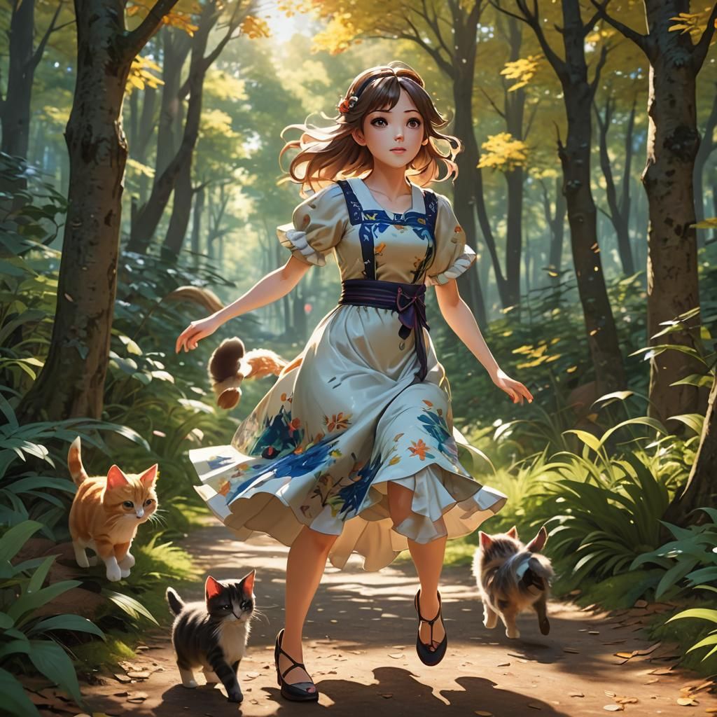 Girl Runs from Kitten: Hyper-Realistic 3D Anime Art