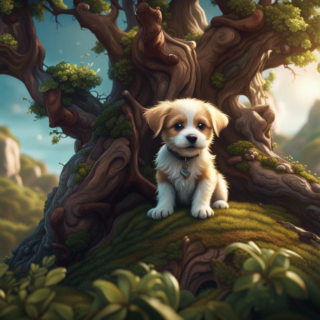 Cute Puppy on Hill, Detailed Digital Painting