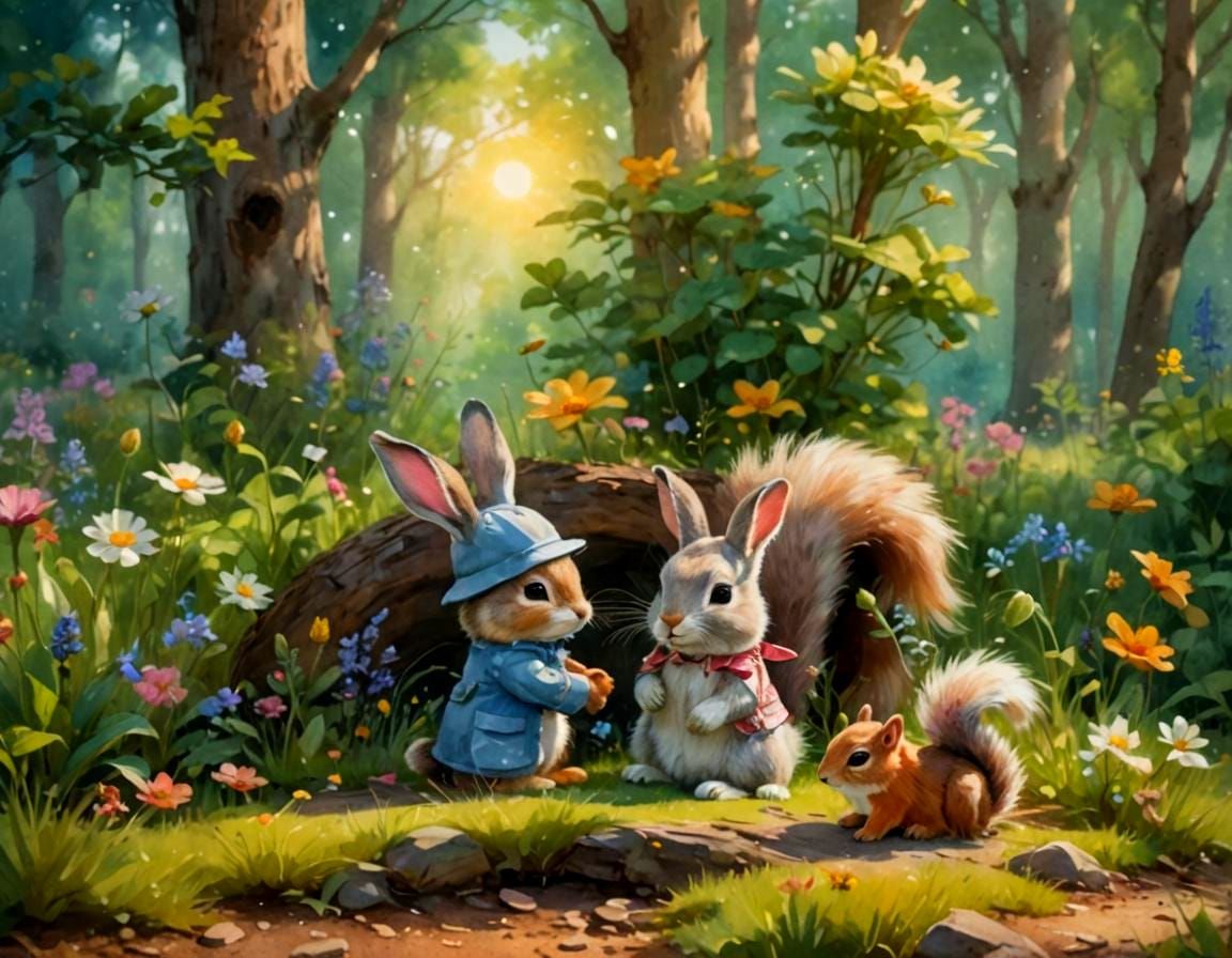 Bunny and Squirrel in Wildflower Meadow