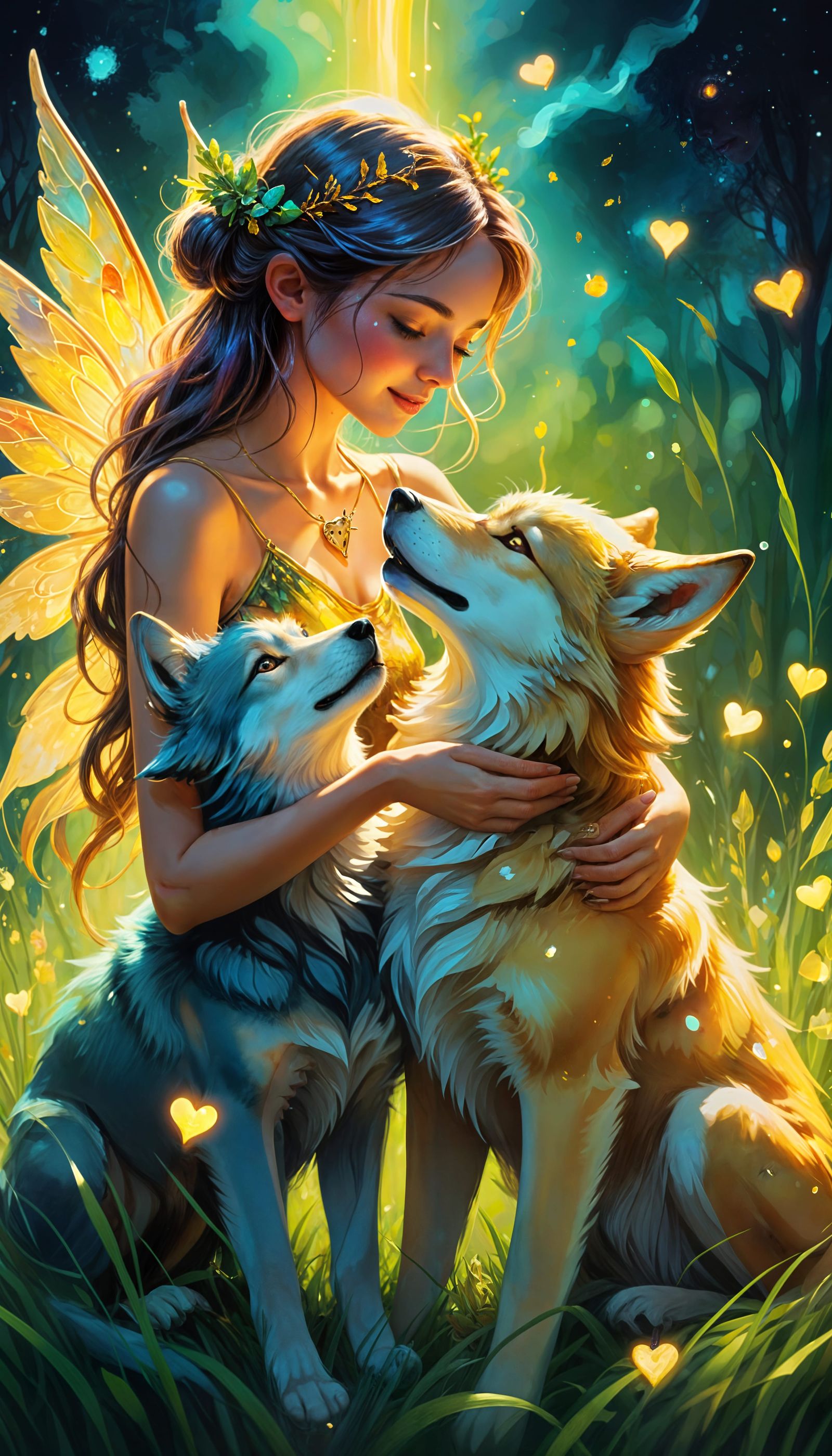 Enchanting Fairy Girl and Wolf Cub Friendship