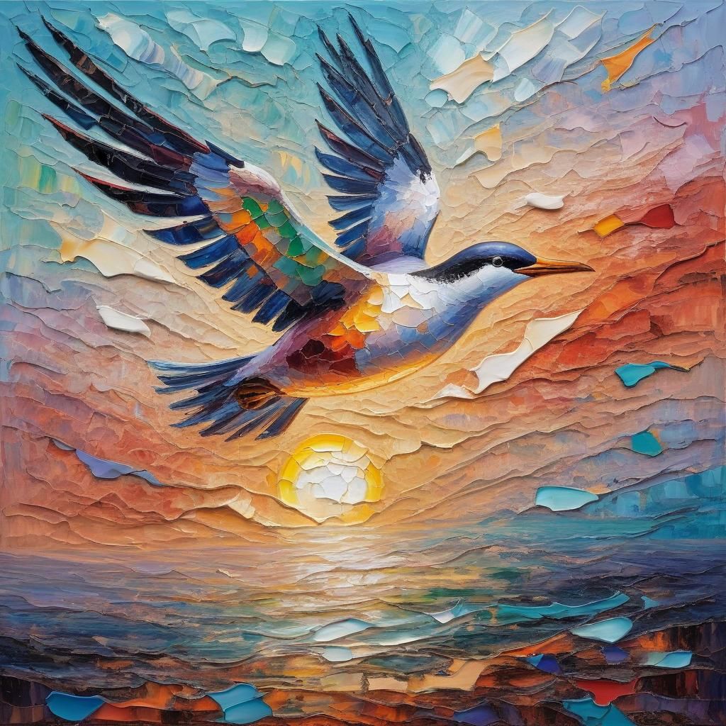 Seabird in Flight: Abstract Expressionist Oil Painting