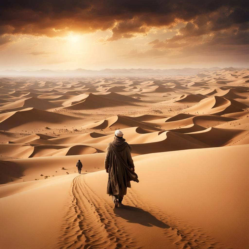 One lone man in rags, lost on the sands of the Sahara, highw...