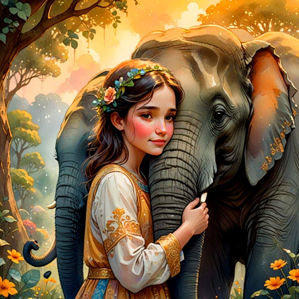 Girl Hugging Elephant in Watercolor Storybook Style