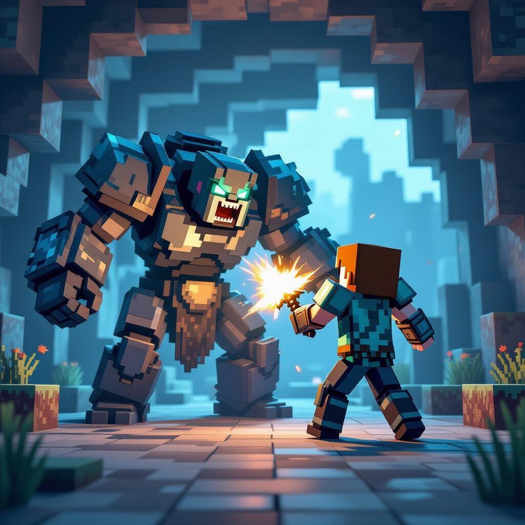 Steve Fights Warden in Voxel Art Style