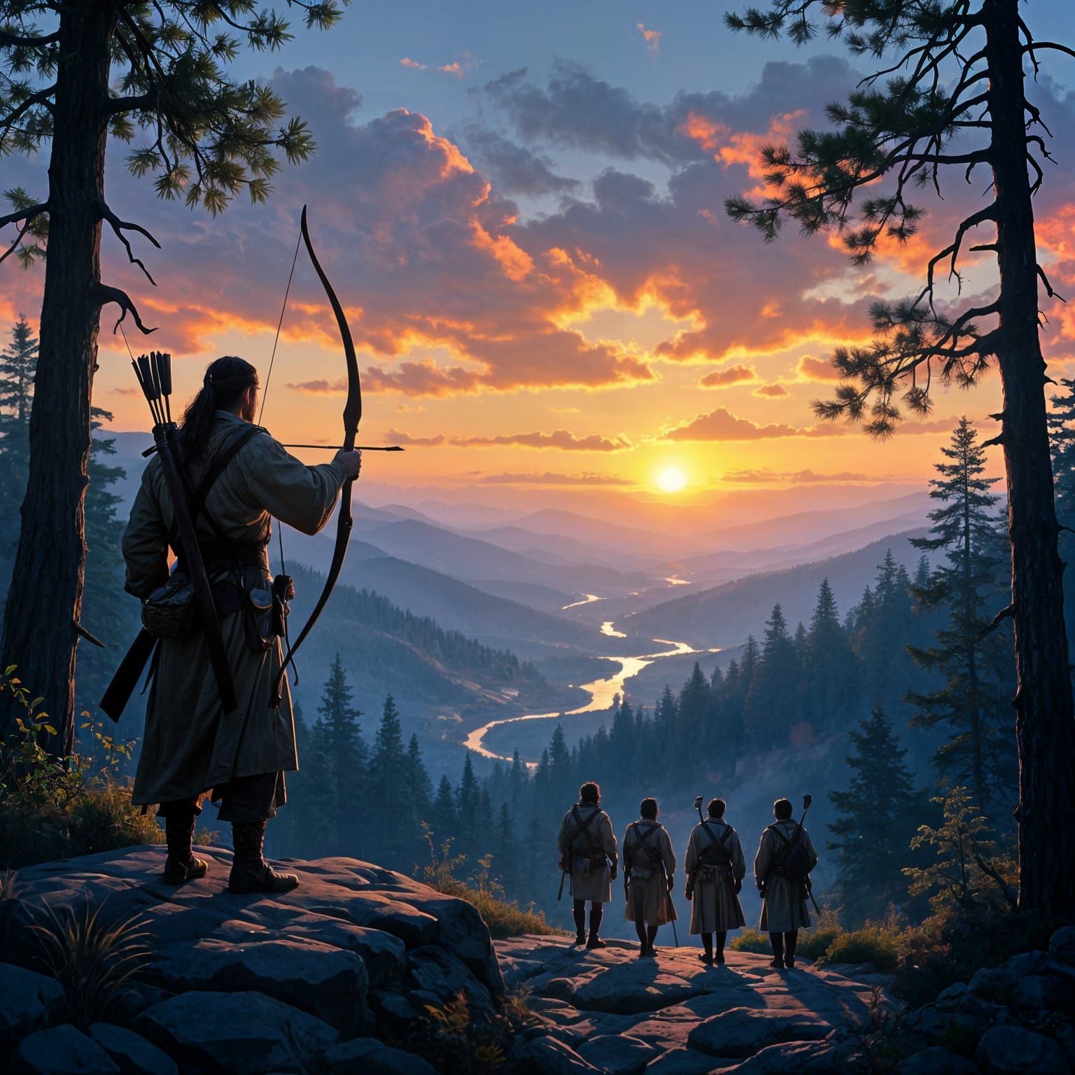 Hunter Watches Group Below at Dawn in Cinematic Sunrise