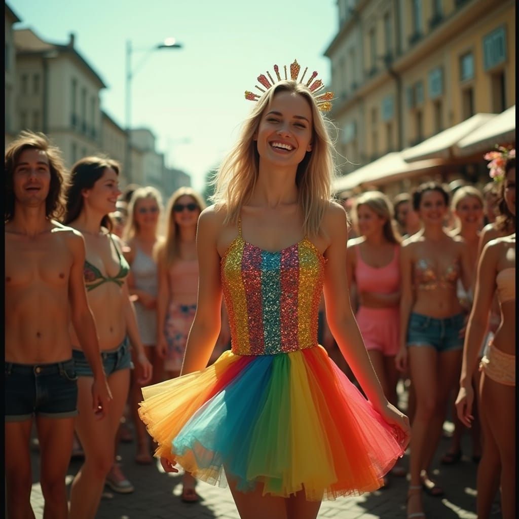 Rainbow Dress Crossdresser Spreading Joy in Cinematic Style