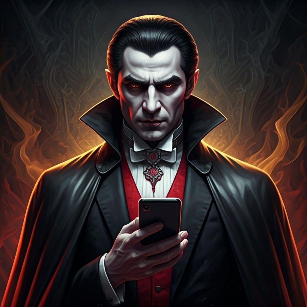 Dark Dracula Contemplates Phone Addiction in Oil