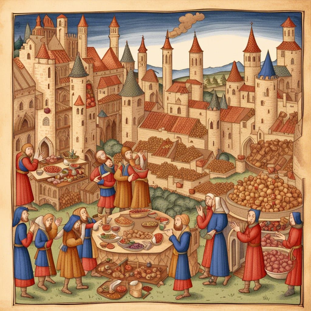 Medieval Spice Market in Manuscript Art Style